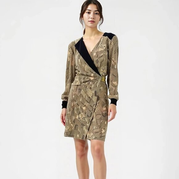 NWT Trina Turk Black Tan Beige Abstract Geometric Animal Print Silk Dress L 12 - Picture 1 of 10